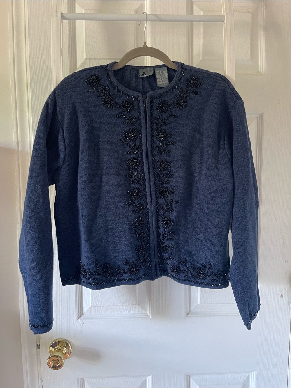 Vtg Lizwear Cardigan Sweater Womens L Blue Beaded Floral Full Zip Cotton